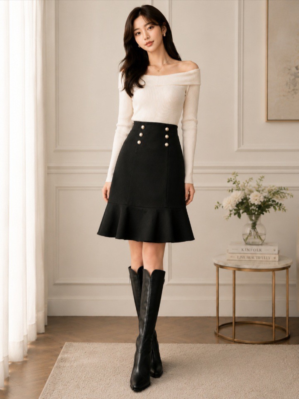 Soho Black Midi Ruffle-Hem Skirt with Gold Buttons